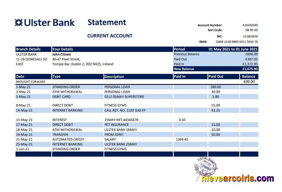 Republic of Ireland Ulster Bank statement easy to fill in Excel and PDF format
